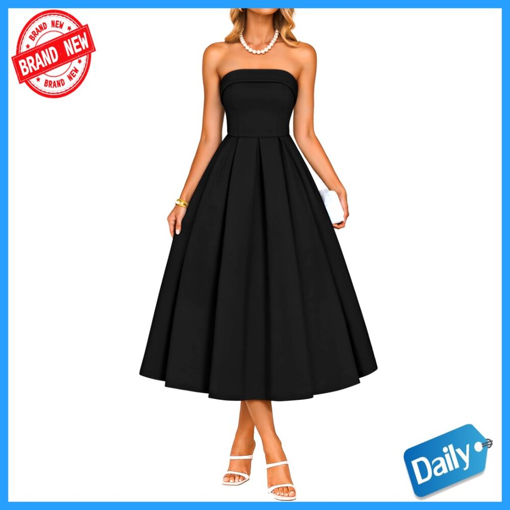 Elegant Strapless Midi Dress Off Shoulder Flowy A Line Wedding Guest Party
